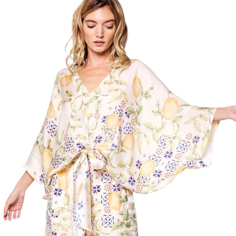 CIEBON Floral Lemon Print Kimono FELICIA LEMON PRINT TIE FRONT SATIN TOP